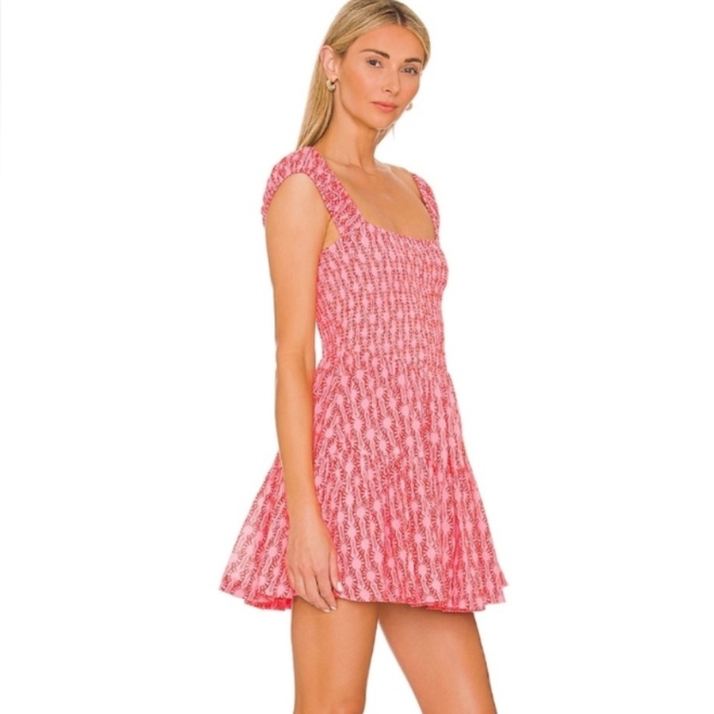 Free People Printed Shirred Detail Mini Dress in Pink
